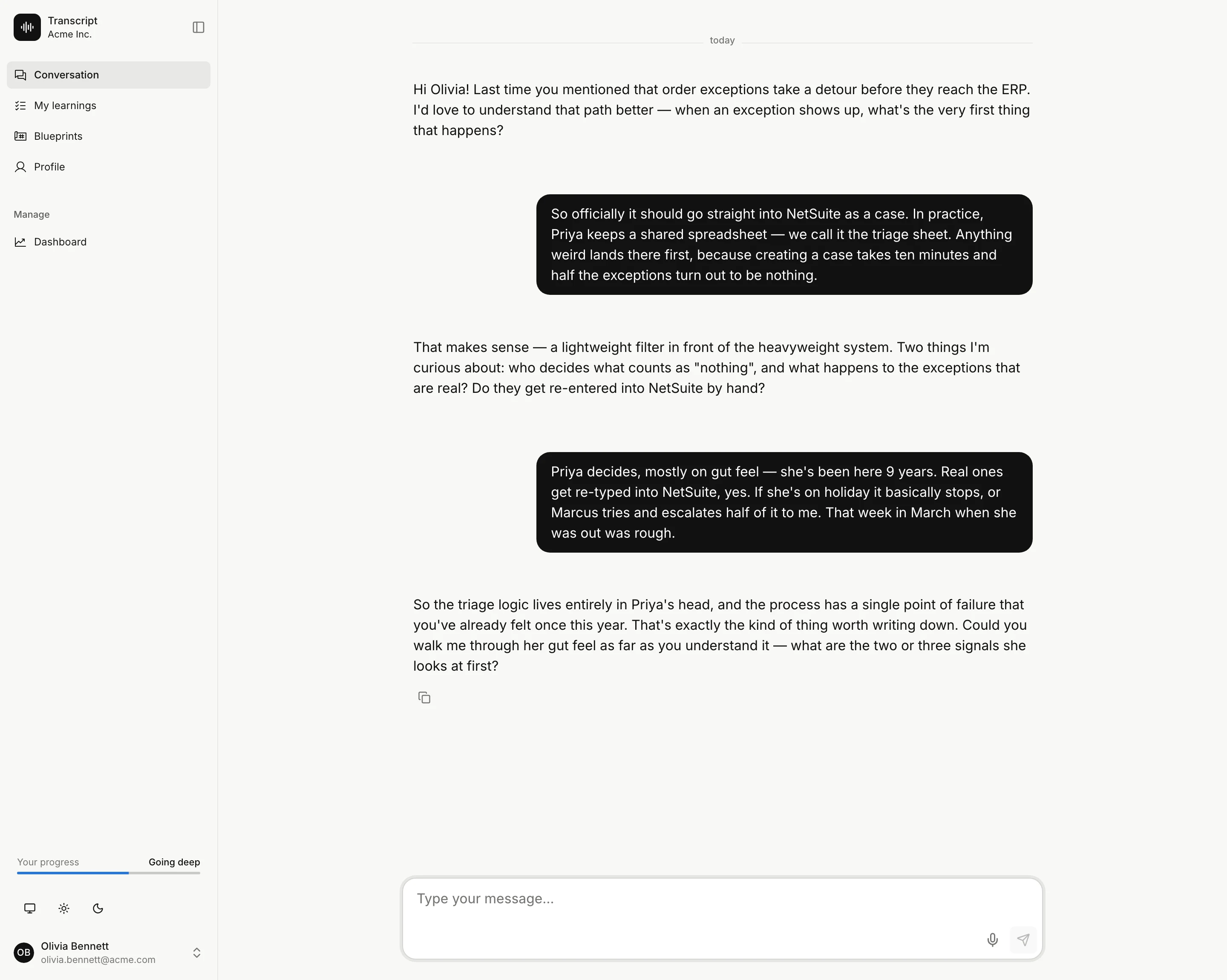 A Transcript conversation: an employee explains that order exceptions are triaged in a shared spreadsheet by one experienced colleague, and Transcript asks the follow-up about what happens when she is away